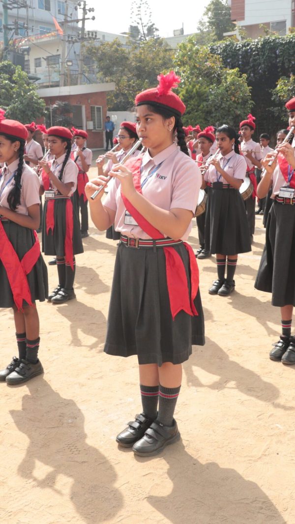 IKV CBSE School students standing in line for morning prayer assembly