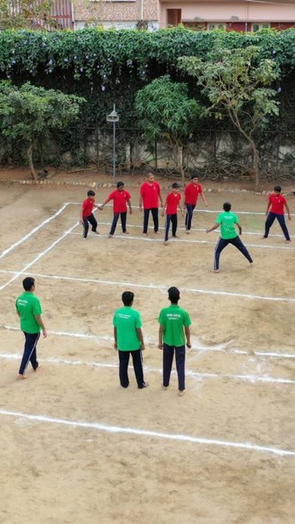 Students of Indira Krishna Vidyashala actively playing kabaddi during a sports session—encouraging teamwork and physical fitness at a leading CBSE school in Bangalore